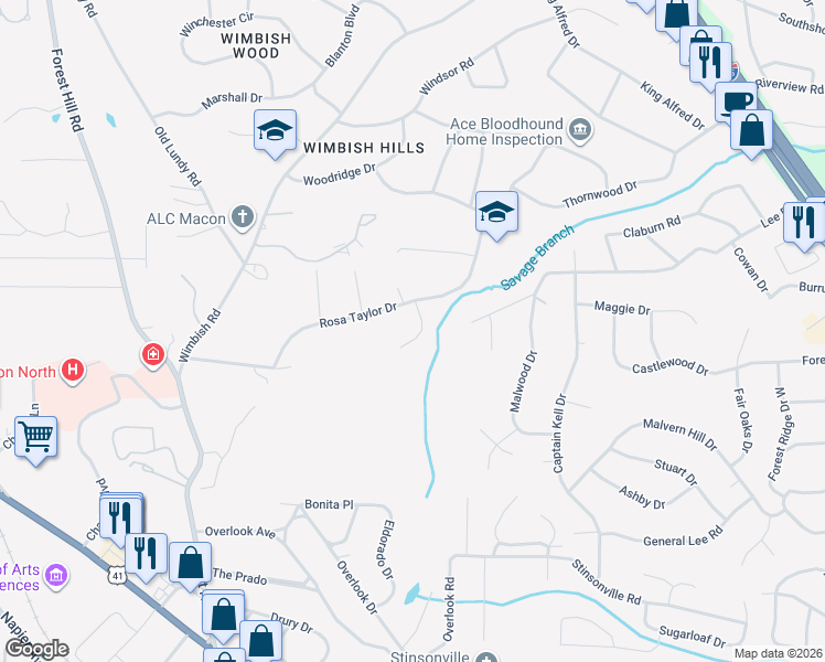 map of restaurants, bars, coffee shops, grocery stores, and more near 613 Rosa Taylor Drive in Macon