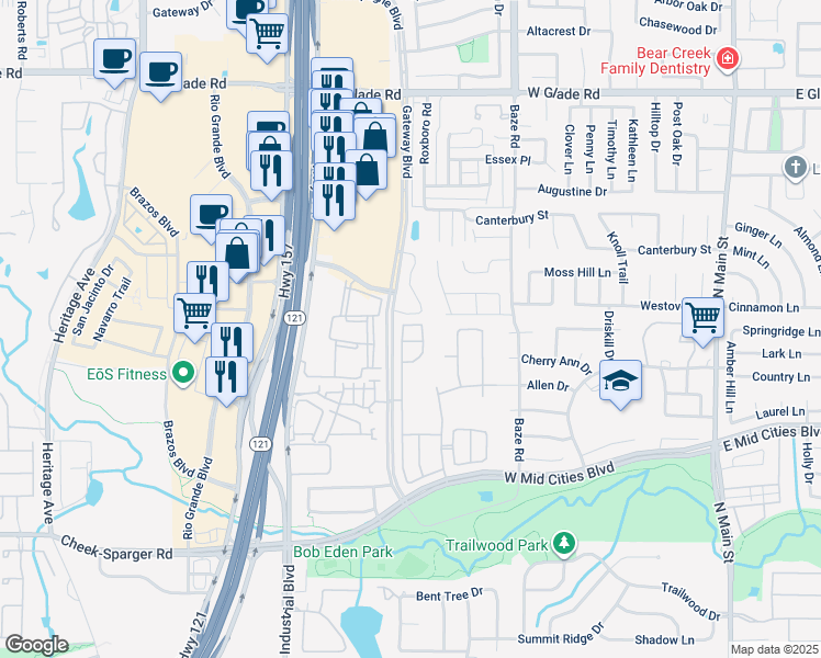 map of restaurants, bars, coffee shops, grocery stores, and more near 805 Kodiak Circle in Euless