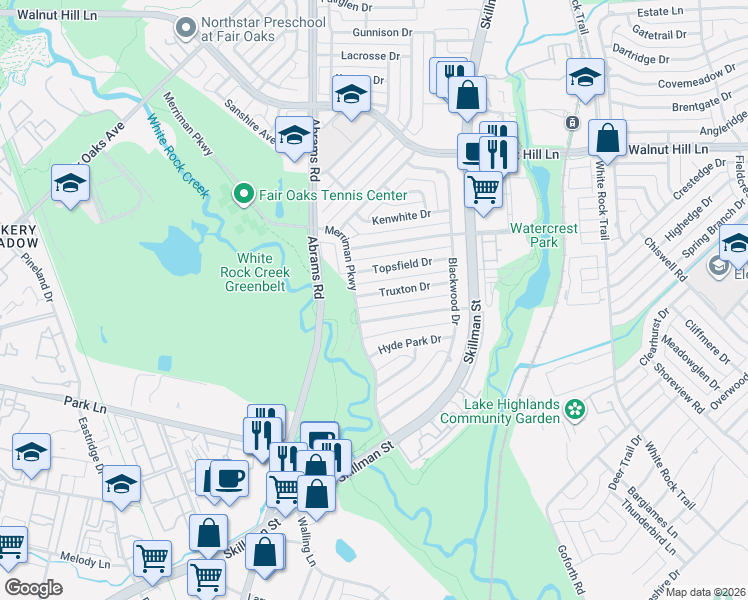 map of restaurants, bars, coffee shops, grocery stores, and more near 6808 Topsfield Drive in Dallas