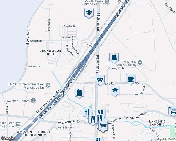 map of restaurants, bars, coffee shops, grocery stores, and more near 5000 State Highway 161 in Irving