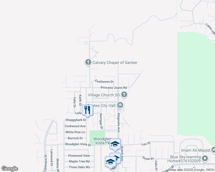 map of restaurants, bars, coffee shops, grocery stores, and more near 10256 Easthaven Drive in Santee