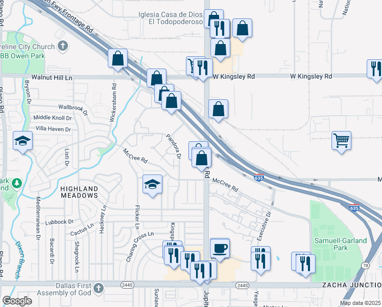 map of restaurants, bars, coffee shops, grocery stores, and more near 13013 Jupiter Road in Dallas