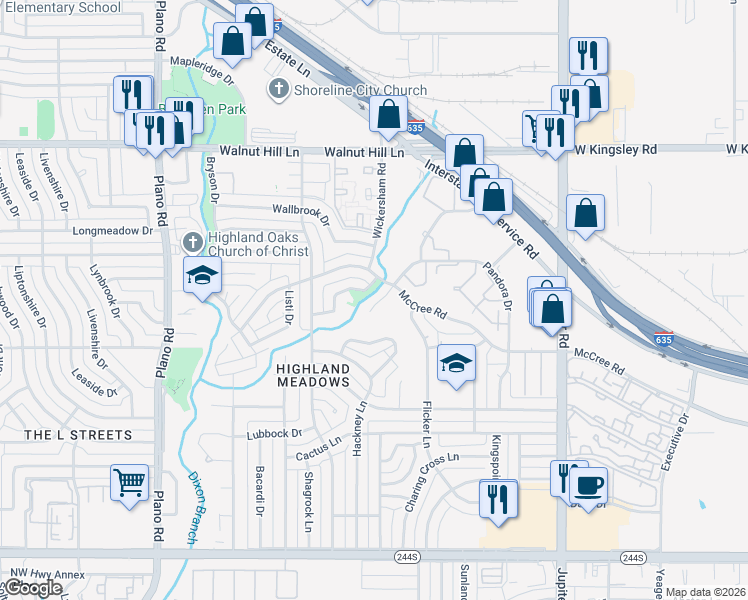 map of restaurants, bars, coffee shops, grocery stores, and more near 11050 McCree Road in Dallas