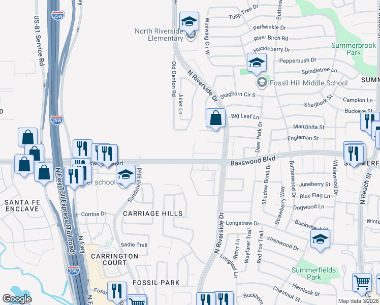 map of restaurants, bars, coffee shops, grocery stores, and more near 7409 Cascade Court in Fort Worth
