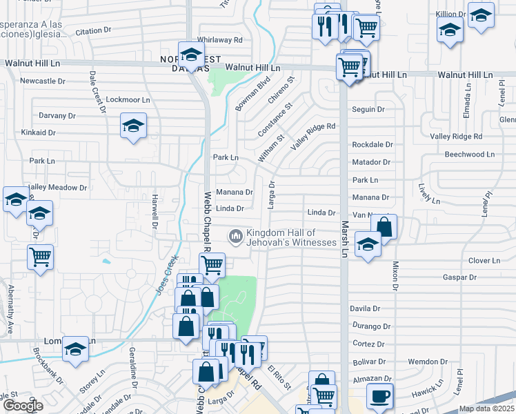 map of restaurants, bars, coffee shops, grocery stores, and more near 9785 Larga Drive in Dallas