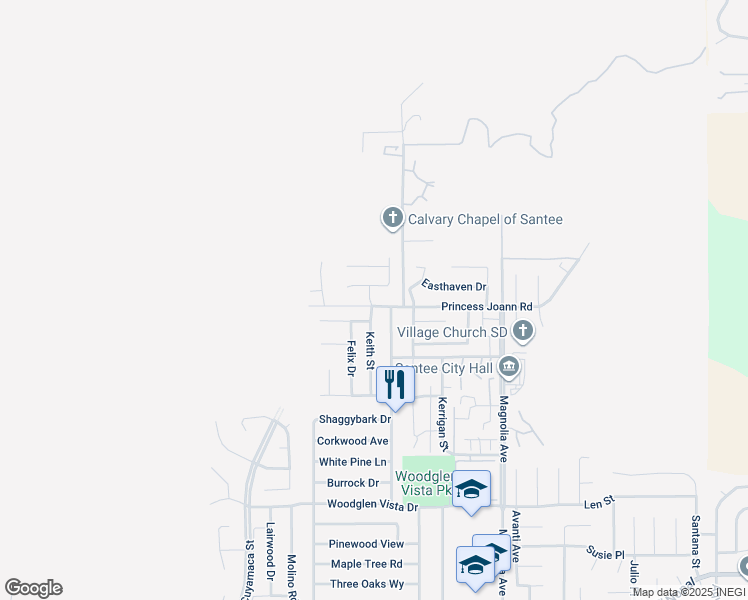 map of restaurants, bars, coffee shops, grocery stores, and more near 10134 Princess Joann Road in Santee