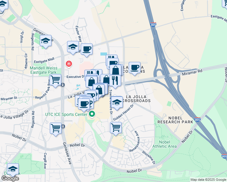 map of restaurants, bars, coffee shops, grocery stores, and more near 4600 La Jolla Village Drive in San Diego