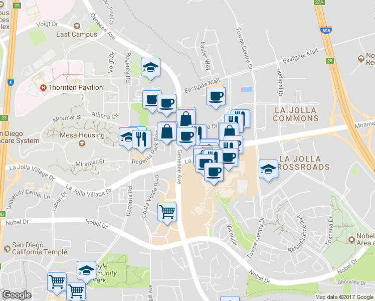 map of restaurants, bars, coffee shops, grocery stores, and more near 4320 La Jolla Village Dr in San Diego
