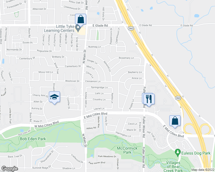 map of restaurants, bars, coffee shops, grocery stores, and more near 212 Cinnamon Lane in Euless