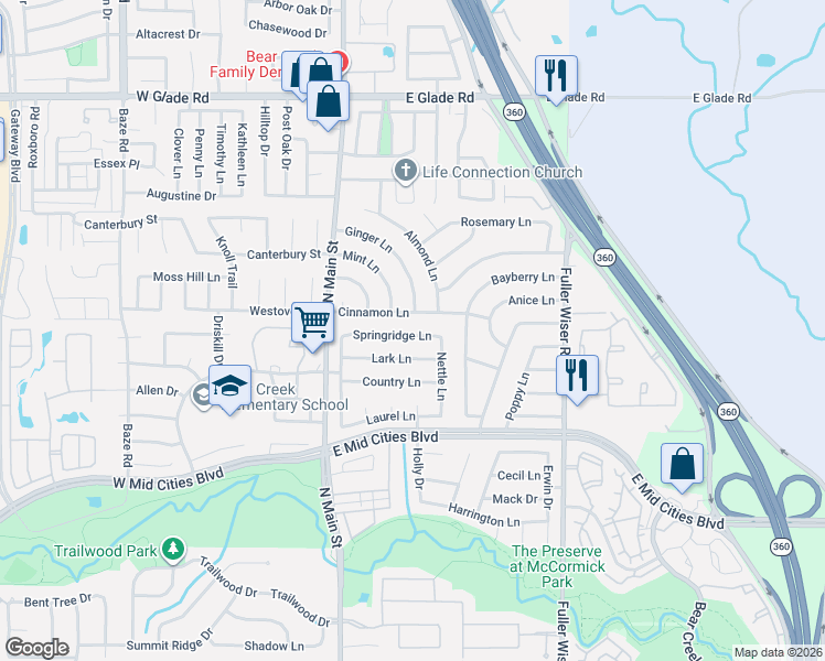 map of restaurants, bars, coffee shops, grocery stores, and more near 212 Cinnamon Lane in Euless