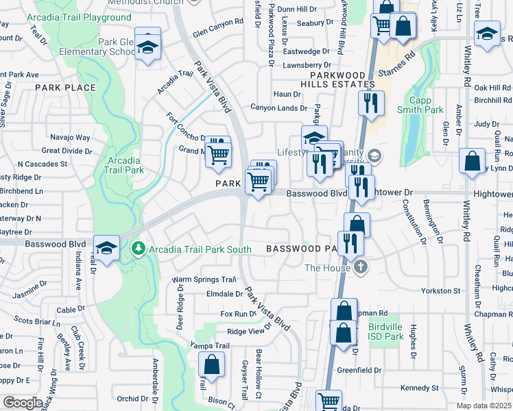 map of restaurants, bars, coffee shops, grocery stores, and more near 5420 Basswood Boulevard in Fort Worth