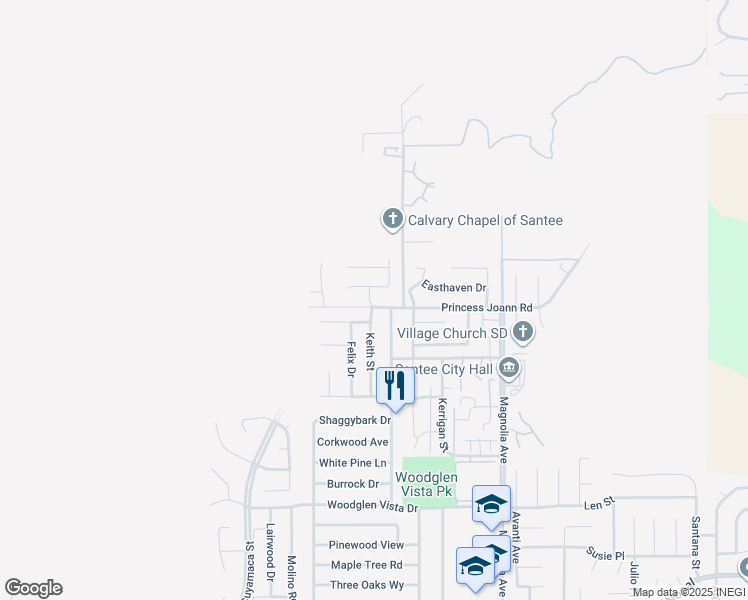 map of restaurants, bars, coffee shops, grocery stores, and more near 10134 Princess Joann Road in Santee