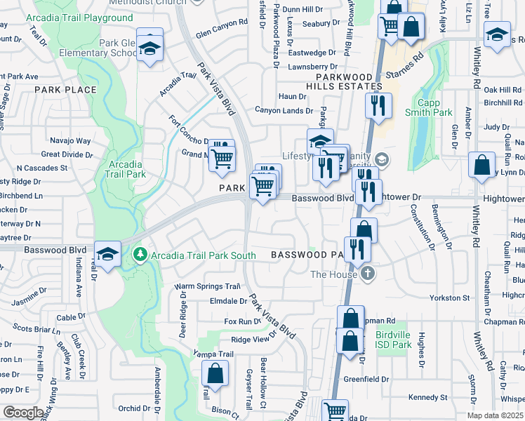 map of restaurants, bars, coffee shops, grocery stores, and more near 5420 Basswood Boulevard in Fort Worth