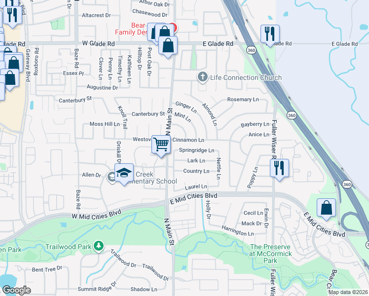 map of restaurants, bars, coffee shops, grocery stores, and more near 112 Cinnamon Lane in Euless