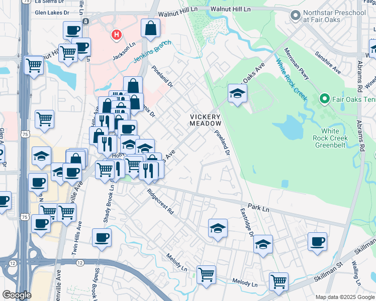 map of restaurants, bars, coffee shops, grocery stores, and more near 7152 Fair Oaks Avenue in Dallas