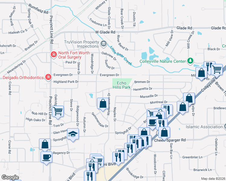 map of restaurants, bars, coffee shops, grocery stores, and more near 512 Heneretta Drive in Hurst