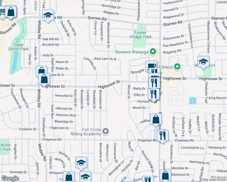 map of restaurants, bars, coffee shops, grocery stores, and more near 7021 Spring Creek Trail in Fort Worth