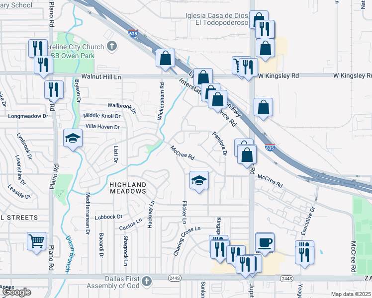 map of restaurants, bars, coffee shops, grocery stores, and more near 11217 McCree Road in Dallas