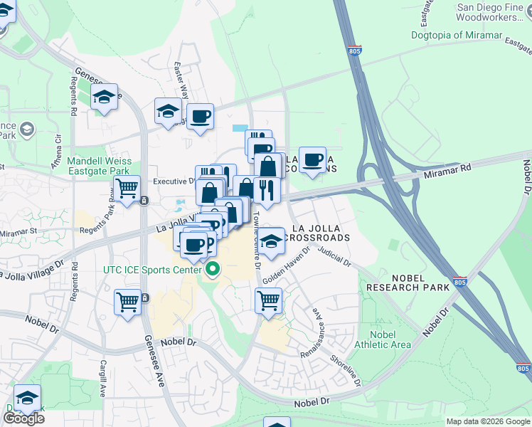 map of restaurants, bars, coffee shops, grocery stores, and more near 4600 La Jolla Village Drive in San Diego