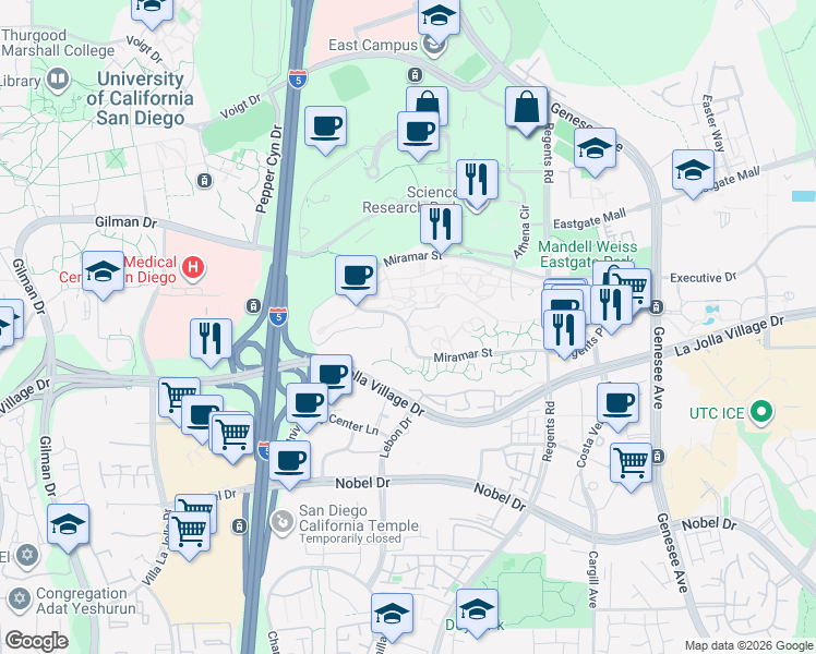 map of restaurants, bars, coffee shops, grocery stores, and more near 9224 Regents Park Row in San Diego