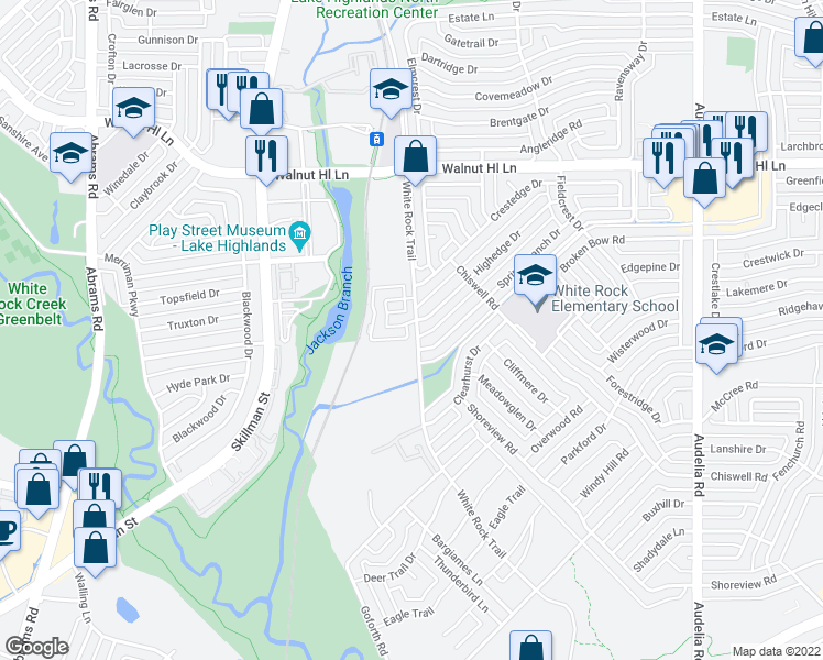 map of restaurants, bars, coffee shops, grocery stores, and more near 9354 Highedge Circle in Dallas