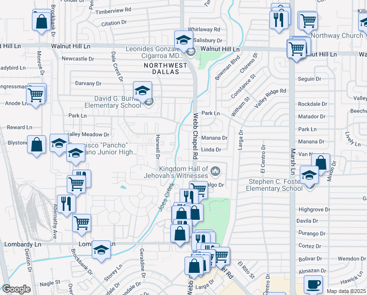 map of restaurants, bars, coffee shops, grocery stores, and more near 9873 Webb Chapel Road in Dallas