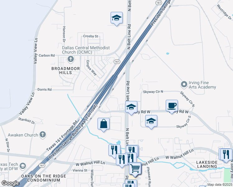 map of restaurants, bars, coffee shops, grocery stores, and more near Highway 161 in Irving