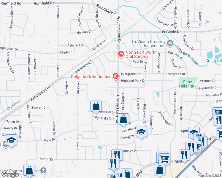 map of restaurants, bars, coffee shops, grocery stores, and more near 9292 Huntington Square in North Richland Hills