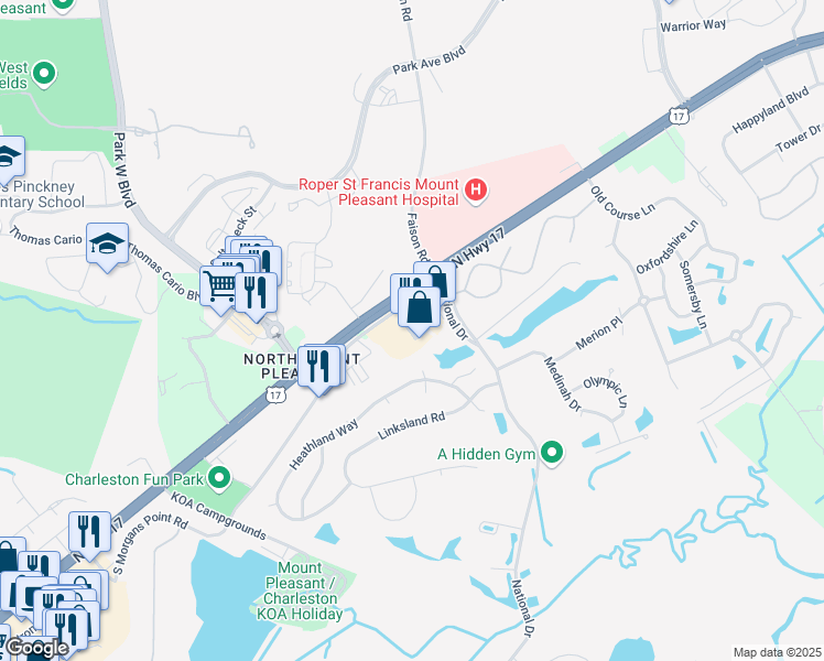 map of restaurants, bars, coffee shops, grocery stores, and more near 3365 South Morgans Point Road in Mount Pleasant