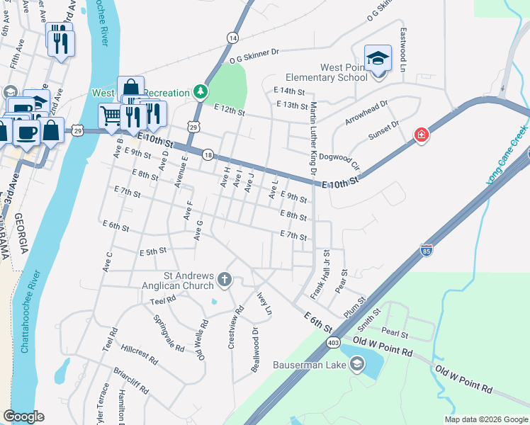 map of restaurants, bars, coffee shops, grocery stores, and more near 1104 East 8th Street in West Point