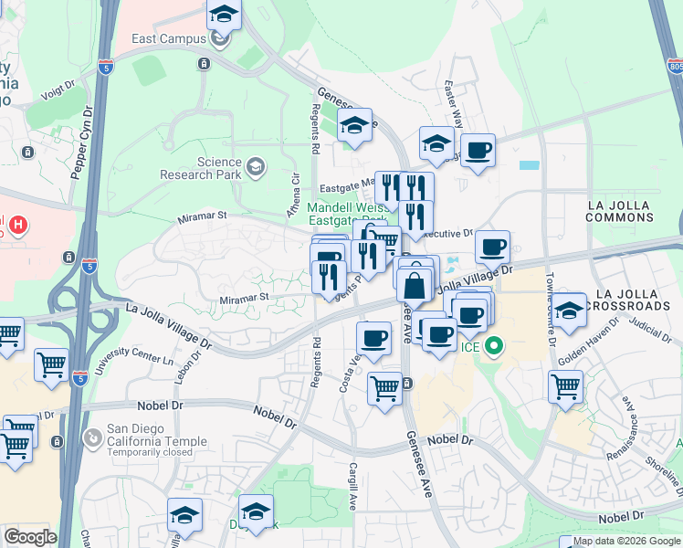 map of restaurants, bars, coffee shops, grocery stores, and more near 9237 Regents Road in San Diego