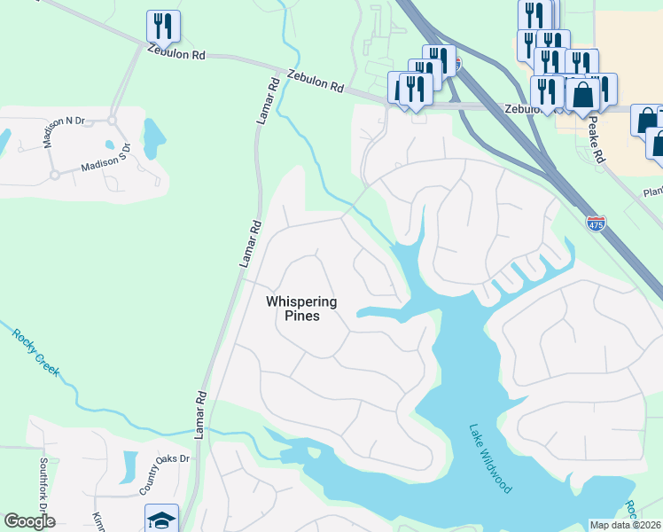 map of restaurants, bars, coffee shops, grocery stores, and more near 414 Longleaf Drive in Macon