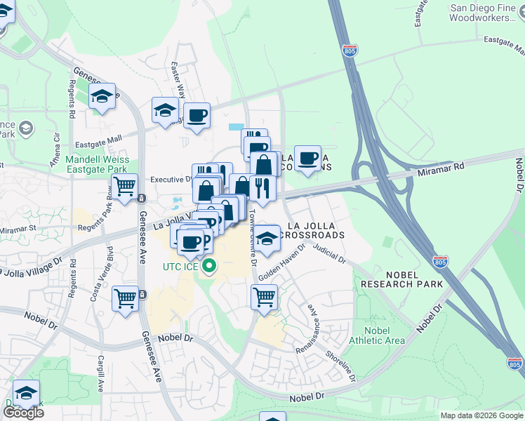 map of restaurants, bars, coffee shops, grocery stores, and more near 9191 Towne Centre Drive in San Diego