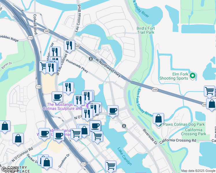 map of restaurants, bars, coffee shops, grocery stores, and more near 1100 Lake Carolyn Parkway in Irving