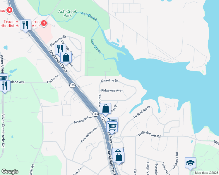 map of restaurants, bars, coffee shops, grocery stores, and more near 345 Shoreline Drive in Azle