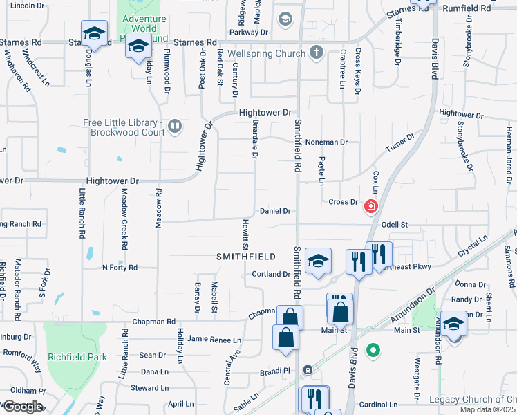 map of restaurants, bars, coffee shops, grocery stores, and more near 6917 Briardale Drive in North Richland Hills