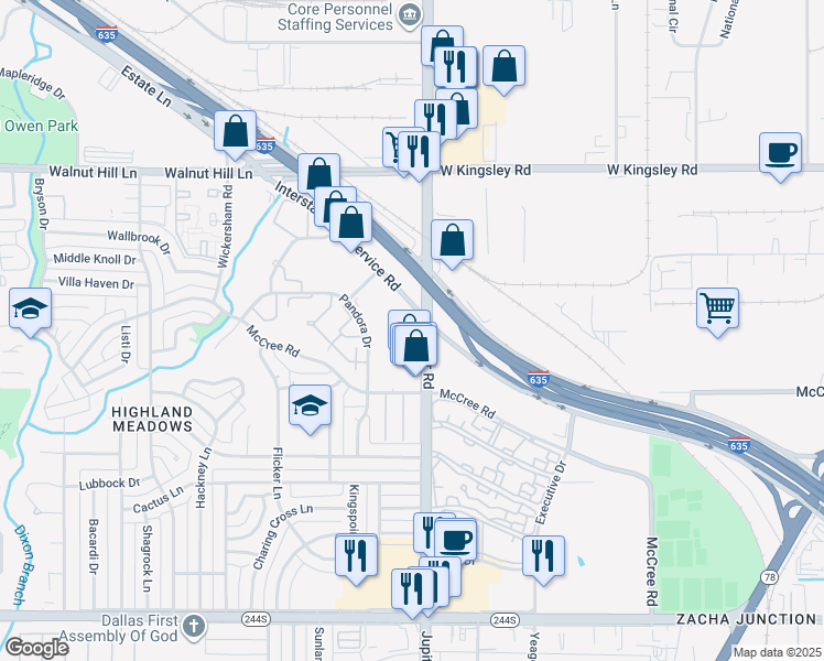 map of restaurants, bars, coffee shops, grocery stores, and more near 13013 Jupiter Road in Dallas