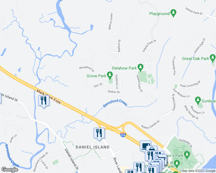 map of restaurants, bars, coffee shops, grocery stores, and more near 34 Grove Lane in Charleston