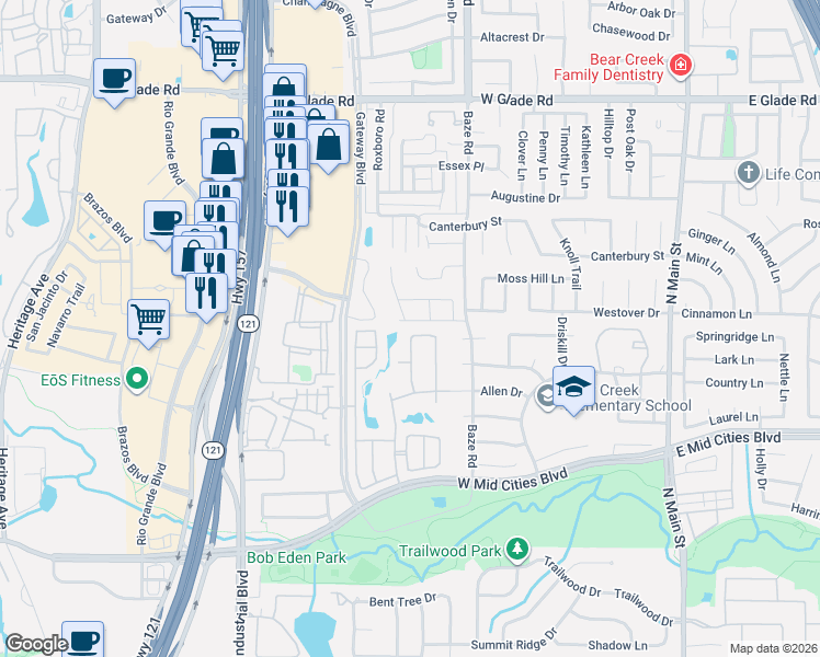 map of restaurants, bars, coffee shops, grocery stores, and more near 2601 Tallow Drive in Euless