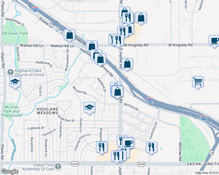 map of restaurants, bars, coffee shops, grocery stores, and more near 12993 Jupiter Road in Dallas