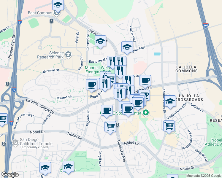 map of restaurants, bars, coffee shops, grocery stores, and more near 4270 Executive Square in San Diego