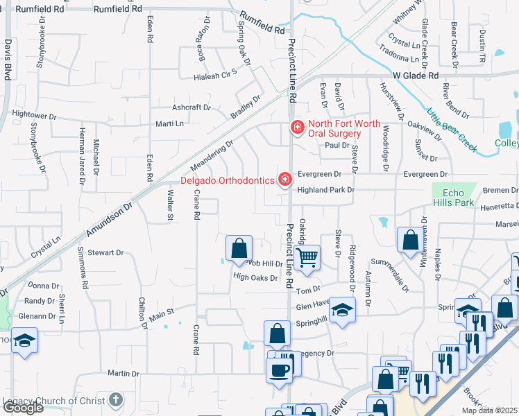 map of restaurants, bars, coffee shops, grocery stores, and more near 6920 Highland Crest Drive in North Richland Hills