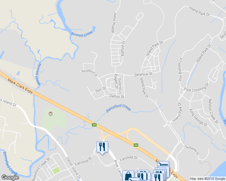 map of restaurants, bars, coffee shops, grocery stores, and more near 38 Grove Lane in Charleston