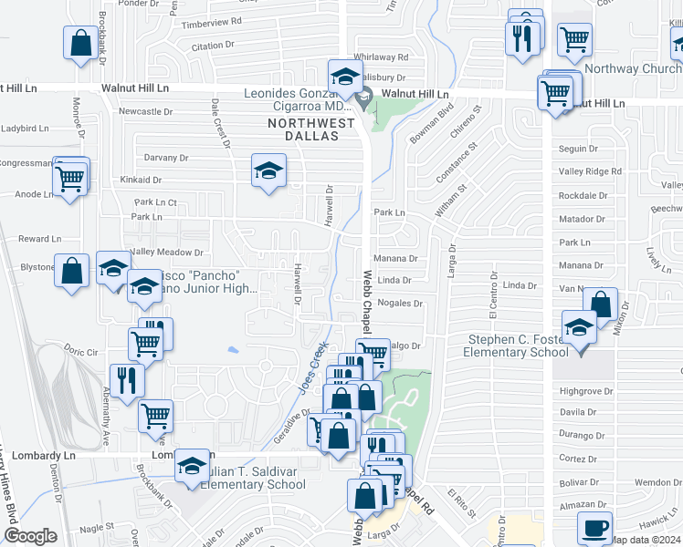 map of restaurants, bars, coffee shops, grocery stores, and more near 3302 Linda Drive in Dallas
