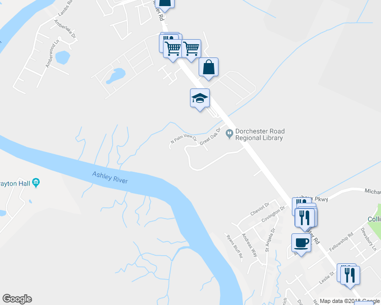 map of restaurants, bars, coffee shops, grocery stores, and more near 4525 Great Oak Drive in North Charleston