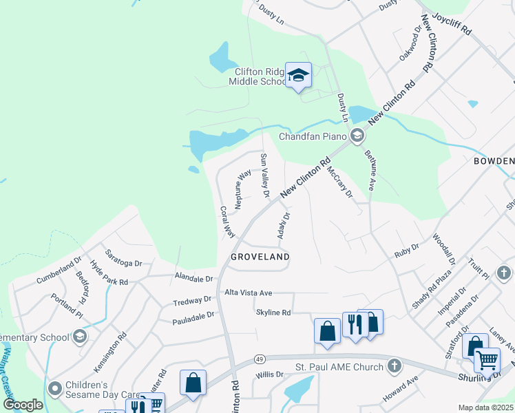 map of restaurants, bars, coffee shops, grocery stores, and more near 107 Sun Valley Drive in Macon