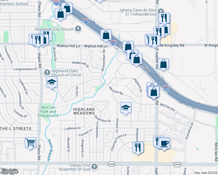 map of restaurants, bars, coffee shops, grocery stores, and more near 13246 Pandora Drive in Dallas