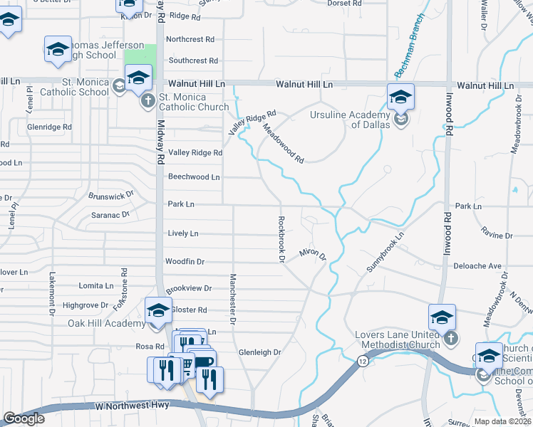 map of restaurants, bars, coffee shops, grocery stores, and more near 4545 Park Lane in Dallas