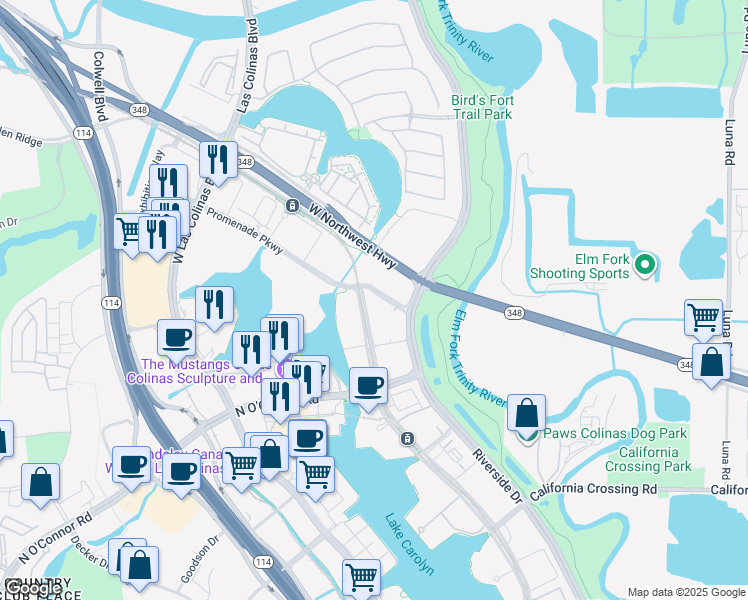 map of restaurants, bars, coffee shops, grocery stores, and more near 655 Promenade Parkway in Irving