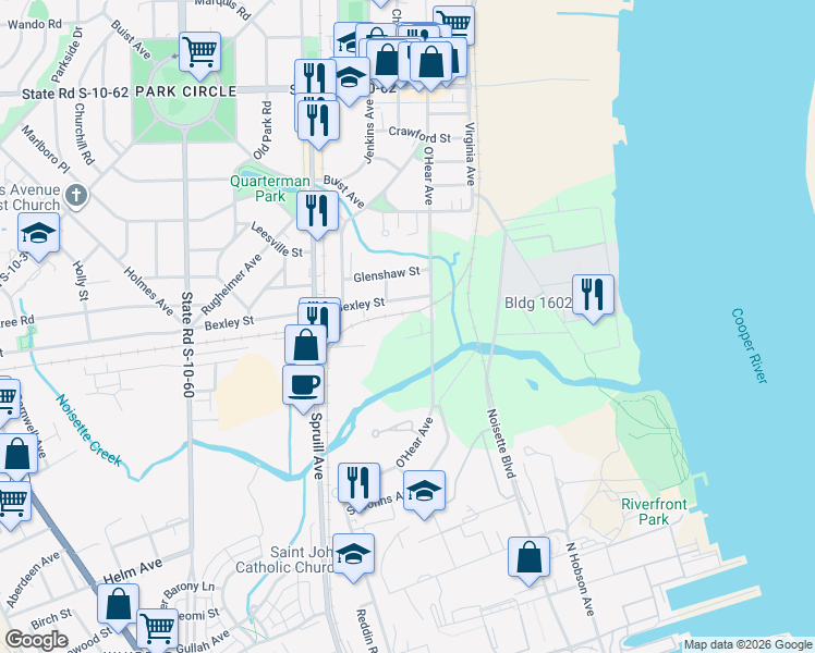 map of restaurants, bars, coffee shops, grocery stores, and more near 1067 Bexley Street in North Charleston